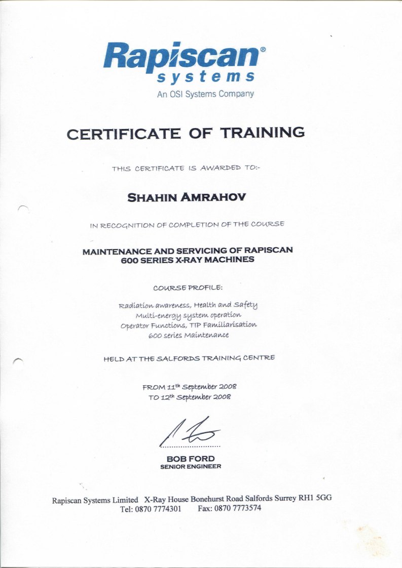 Rapiscan 600 Series — Maintenance & Servicing · Shahin Amrahov (2008)